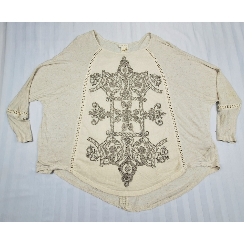 Meadow Rue Anthropologie Cream Linen Blend Embroidered Medallion Dolman Top L